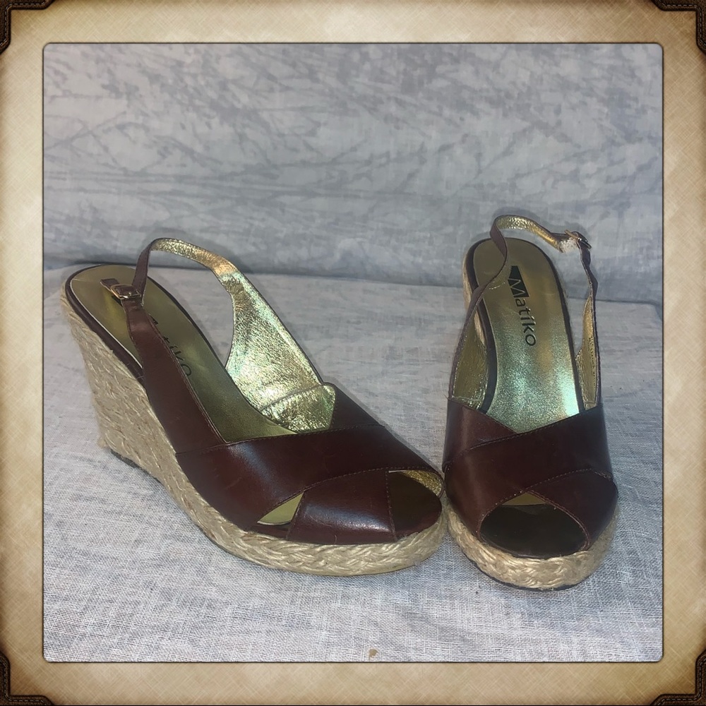 Matiko brown leather opened toe espadrille wedge